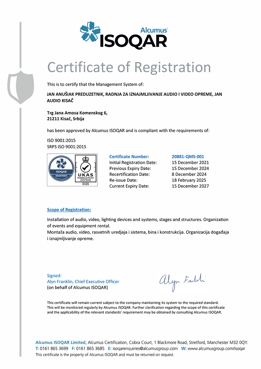 Jan Audio - ISO 9001 sertifikat
